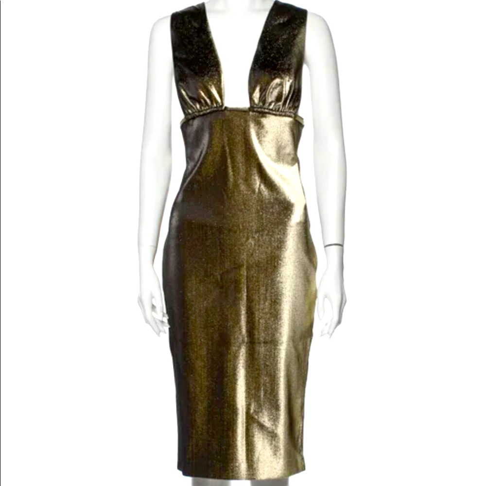 AREA Metallic Gold Midi Dress XS